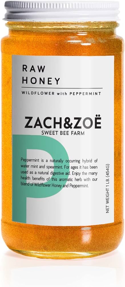 Unfiltered Raw Honey by Zach & Zoe Sweet Bee Farm – (1) 16 Ounce Jar of Honey with Peppermint -... | Amazon (US)