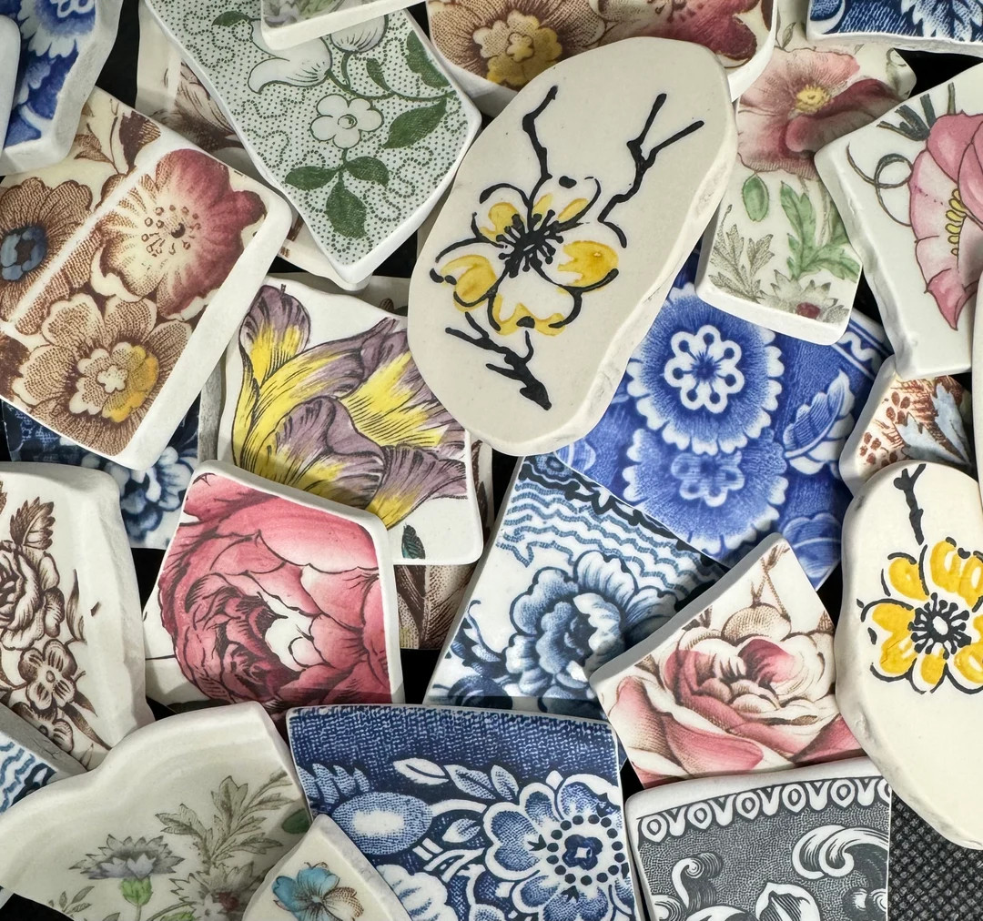 Floral Pottery Shards 1"-2": Vintage Antique Tile Pieces for Jewelry, Mosaics - Etsy | Etsy (US)