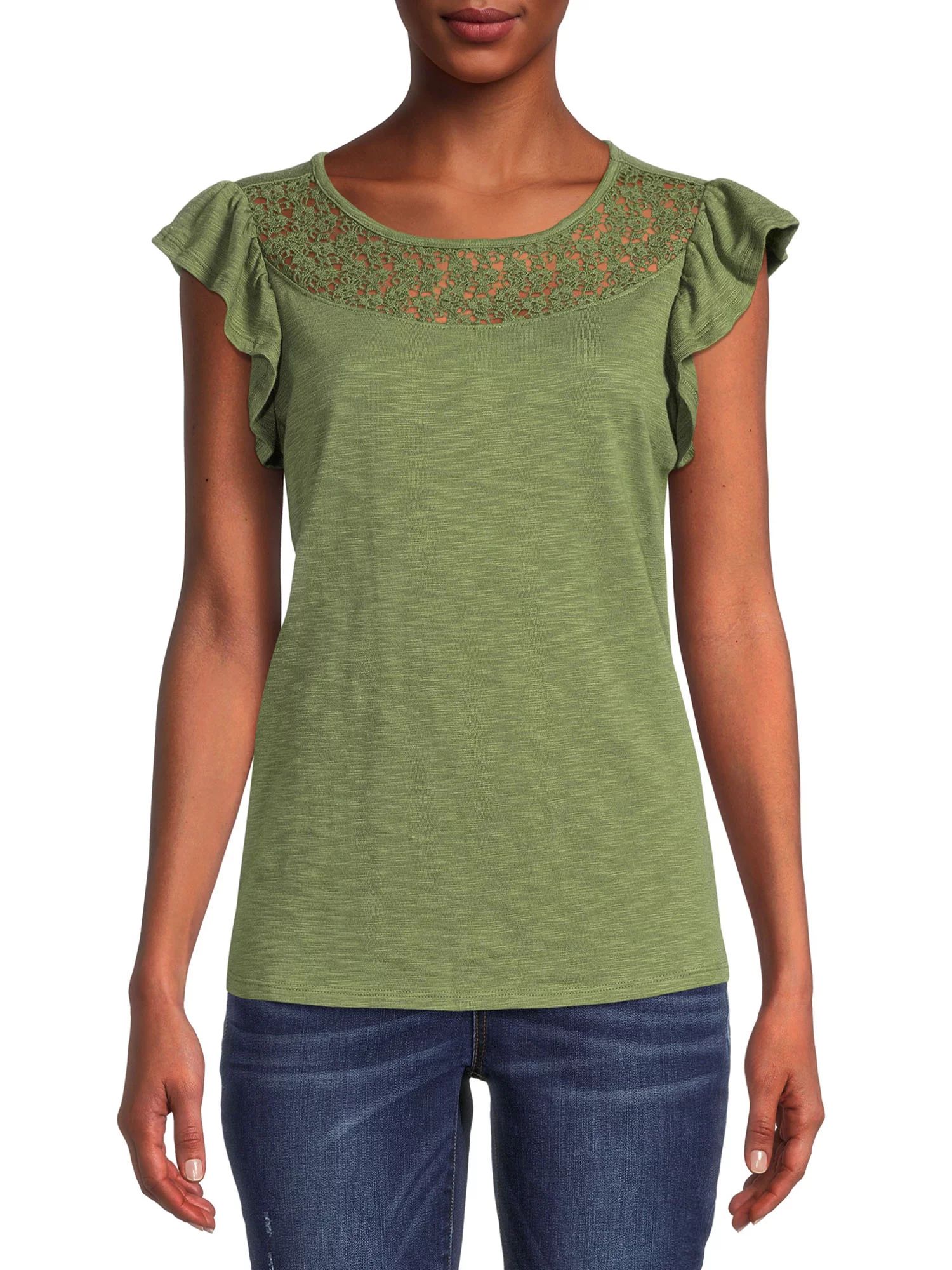 Time and Tru Women's Crochet Top with Flutter Sleeves | Walmart (US)