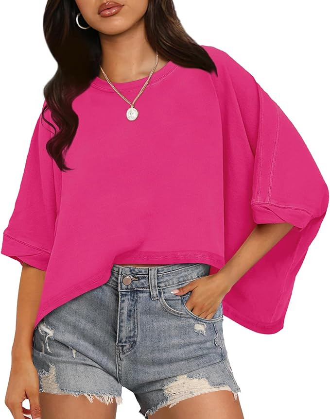WIHOLL Crop Tops for Women Short Sleeve Crewneck Tops Oversized Tshirts Casual Summer | Amazon (US)