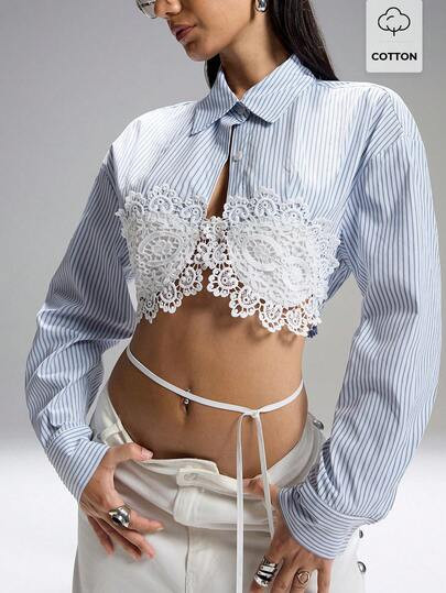 LYSMO 2026 New Arrive Minimalism Spring/Summer Women's Striped Lace Casual Versatile Long Sleeve Shirt For Daily Wear Shirts For Woman Crop Blouse For Women Casual Modern | SHEIN