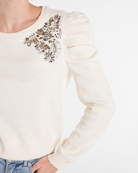 Embellished Shoulder Puff Sleeve Sweatshirt | Express