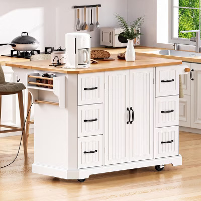 GDFStudio Agnes 56" Embossed Vertical Stripe Rolling Kitchen Island with Drop Leaf, Power Outlet and 6 Drawers, White | Target