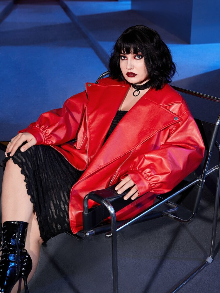 ROMWE PUNK Plus Drop Shoulder PU Leather Moto Jacket | SHEIN