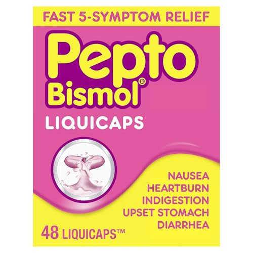 Pepto Bismol Liquicaps, Upset Stomach Relief, Nausea Relief, Heartburn Relief, Indigestion Relief, Anti Diarrhea Medication for Adults - 5 Symptom Fast Relief, No Flavor, 48 ct | Amazon (US)
