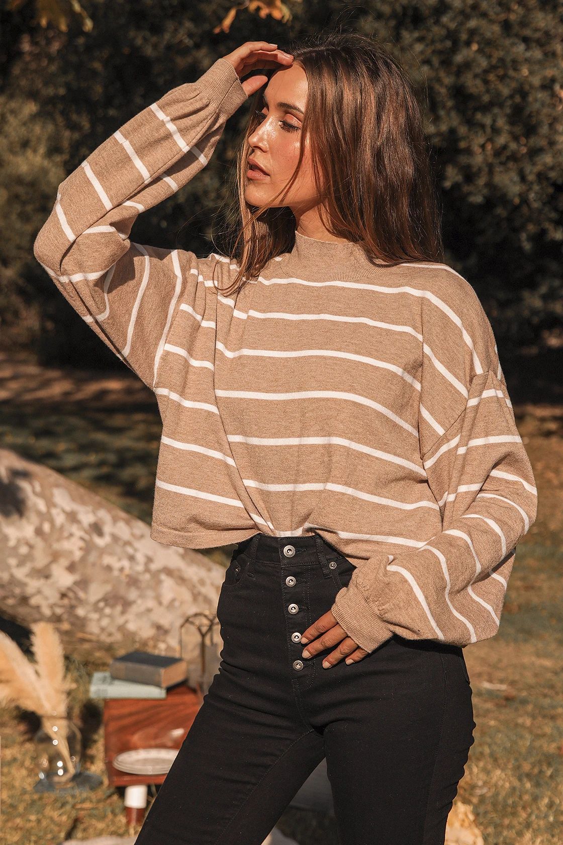 Cruising for Cozy Tan Striped Knit Balloon Sleeve Sweater | Lulus (US)