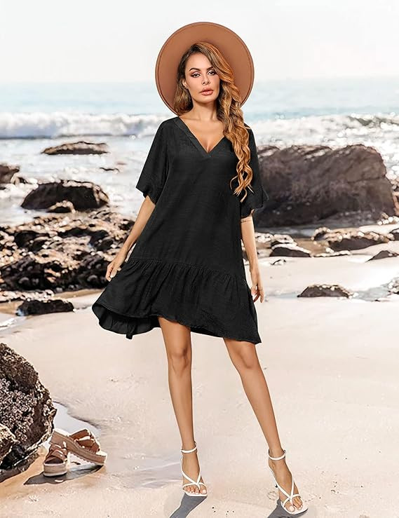 Aoulaydo Womens Swimsuit Coverups Sexy V Neck Bathing Suit Cover Ups Casual Loose Cover Up for Sw... | Amazon (US)