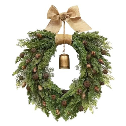 Faux Christmas Norfolk Pine Wreath with Rustic Vintage Iron Bell,20 Inch Artificial Green Wreath Greenery Realistic Wreath Holiday Decoration | Amazon (US)