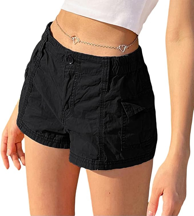 Women Cargo Shorts Elastic Low Waist Pocket Shorts Y2k Egirls Slim Fitted Shorts Vintage Harajuku... | Amazon (US)