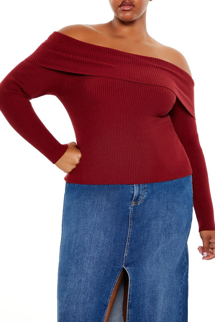 Women's Off-the-Shoulder Sweater in Red, 1X | Forever 21
