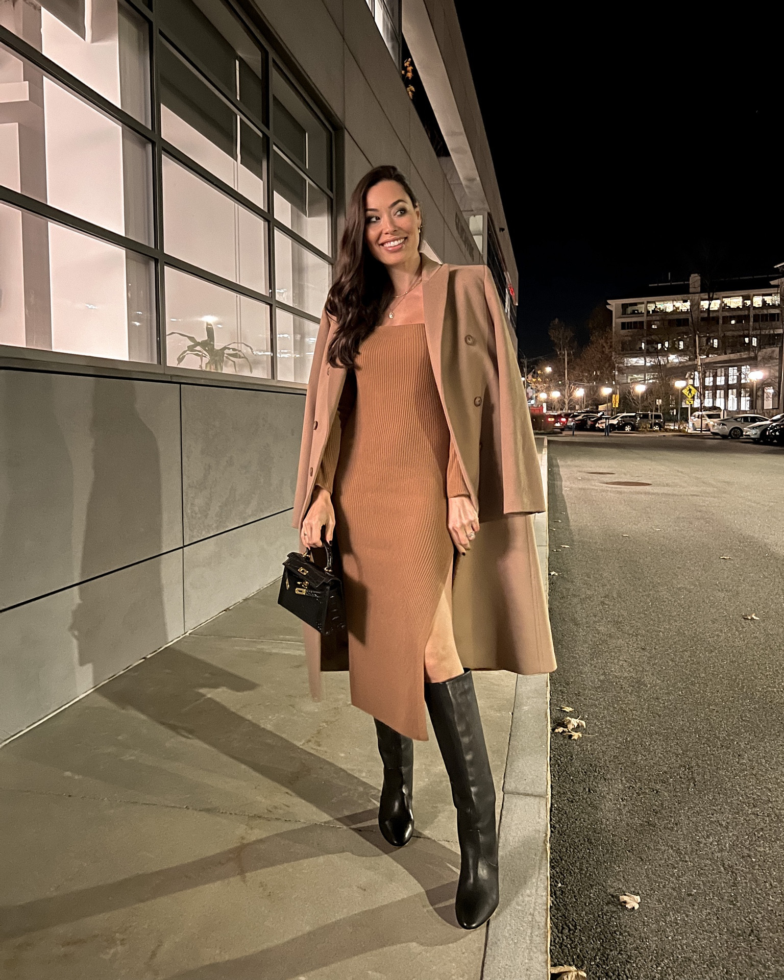 Kat Jamieson of With Love From Kat wears a date night outfit. Sweater dress, camel coat, brown boots, fall style. 

#LTKshoecrush #LTKSeasonal