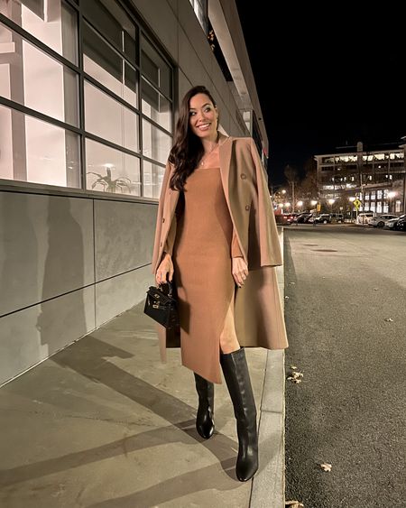Kat Jamieson of With Love From Kat wears a date night outfit. Sweater dress, camel coat, brown boots, fall style. 

#LTKshoecrush #LTKSeasonal