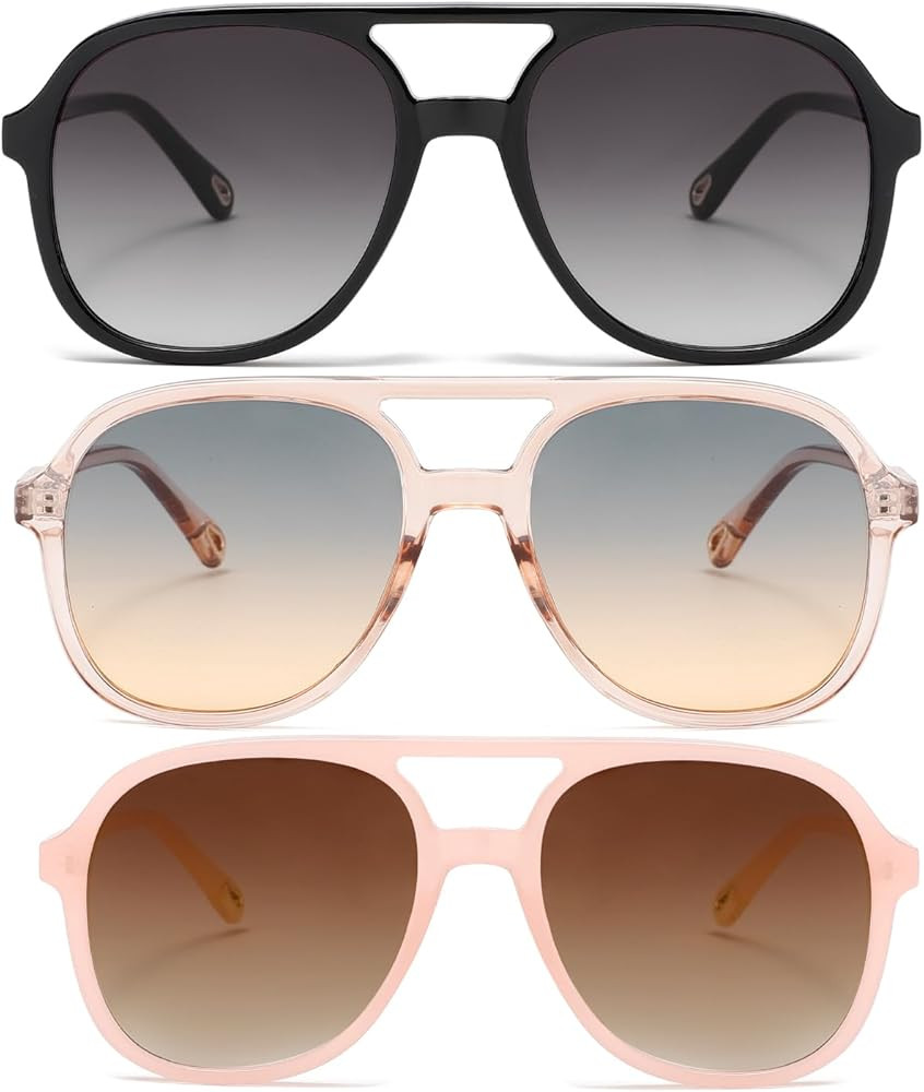 (3 Pack) Retro Aviator Sunglasses for Women Men Classic 70s Vintage Trendy Square Aviators | Amazon (US)