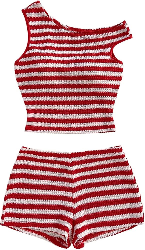 Verdusa Women's 2 Piece Striped Set Off Shoulder Tops and Shorts Summer Two Piece Going Out Beach... | Amazon (US)