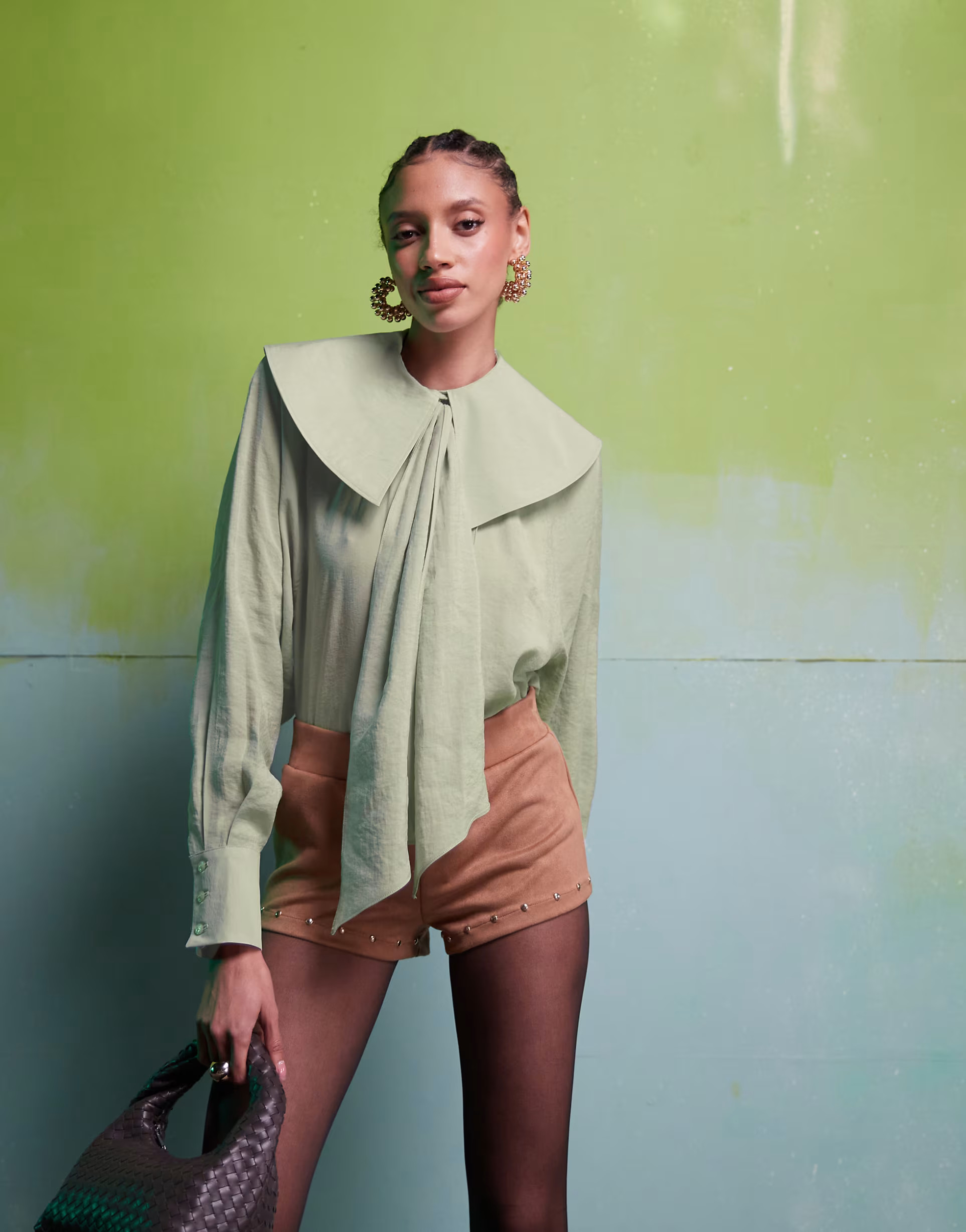 ASOS DESIGN oversized collar blouse with neck tie detail in sage green | ASOS (Global)