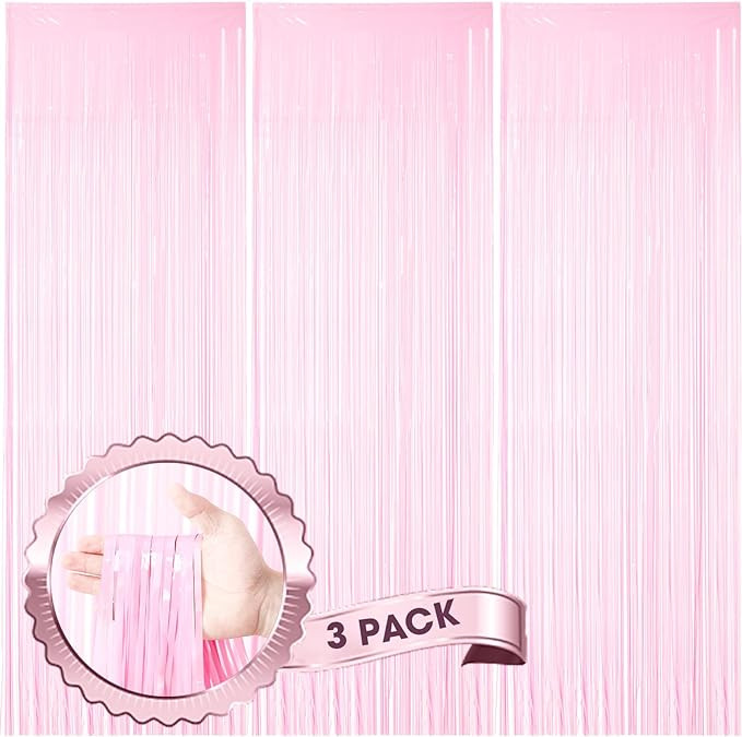 3 Pack 3.3 x 8.2 ft Pasel Pink Foil Fringe Backdrop Curtains, Tinsel Streamers Birthday Party Dec... | Amazon (US)