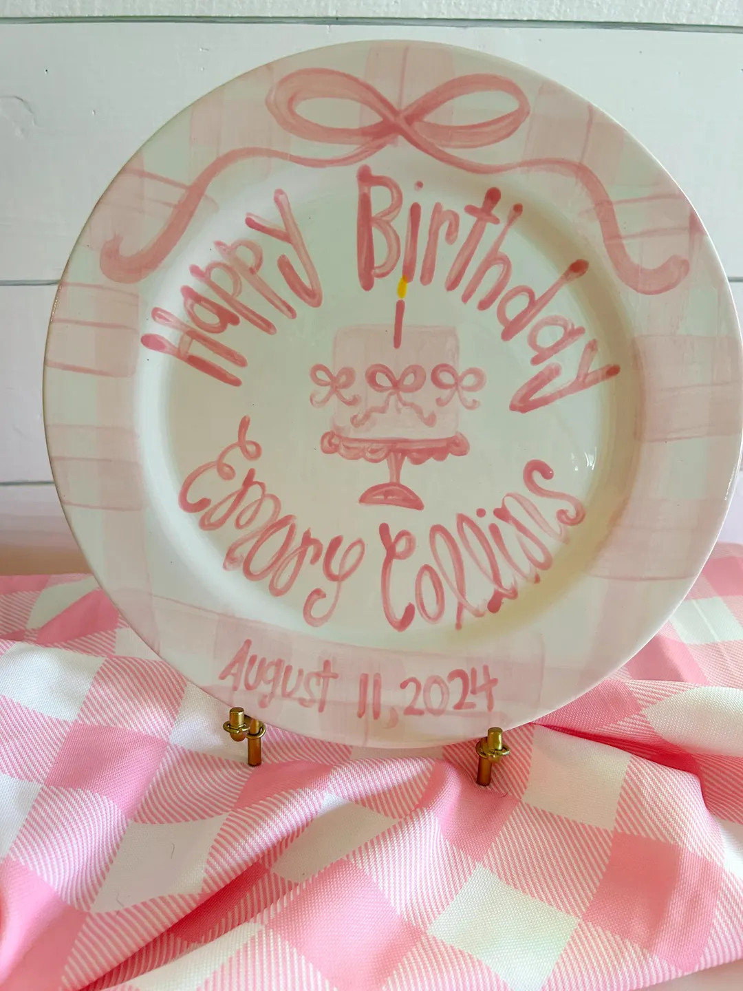 Girls Bows Birthday Plate / Pedastal Cake Gingham Ribbon First Birthday / Pink White / Smash Cake... | Etsy (US)