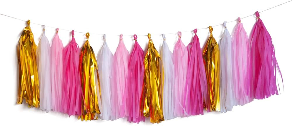 Pink and Gold Tassel Garland Paper Tissue Tassels Garland for Bachelorette Baby Showe Girl Party ... | Amazon (US)