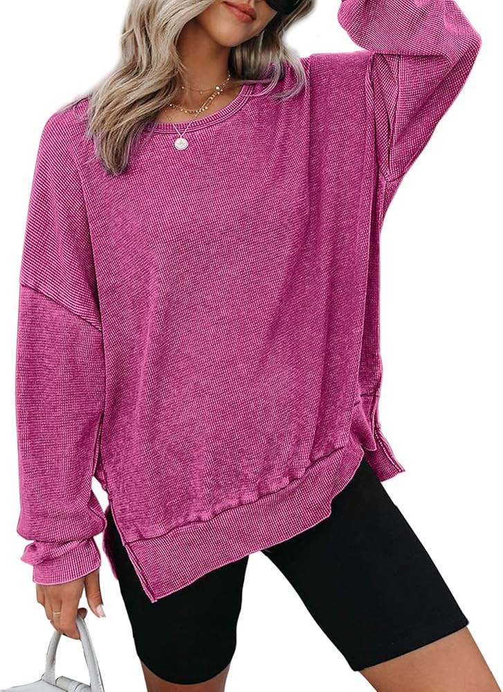Dokotoo Womens Oversized Waffle Knit Crewneck Sweatshirts Long Sleeve Side Slits Casual Pullover ... | Amazon (US)
