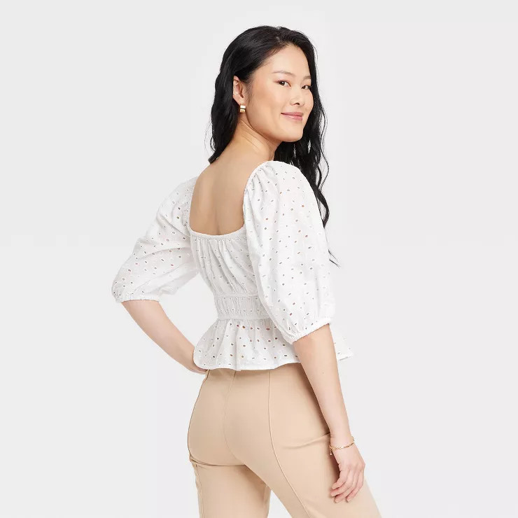 Women's Puff Elbow Sleeve Eyelet Shirt - A New Day™ | Target