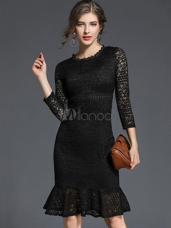 Black Lace Dresses Round Neck Long Sleeve Ruffles Mermaid Bodycon Dress For Women | Milanoo