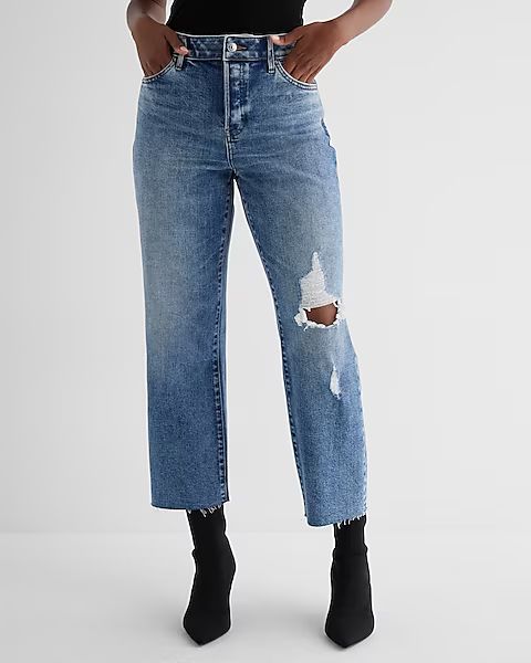 High Waisted Medium Wash Ripped Relaxed Straight Ankle Jeans | Express (Pmt Risk)