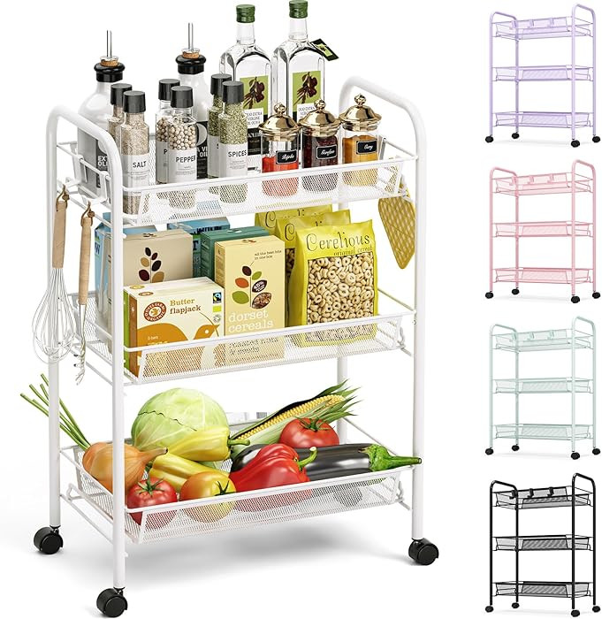 TOOLF 3-Tier Metal Rolling Cart, Mesh Wire Easy Assemble Utility Cart, Storage Trolley on Wheels ... | Amazon (US)