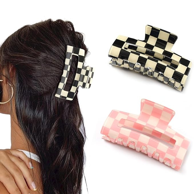 2Pcs Checkered Rectangle Multicolored Claw Barrettes - Strong Hold Y2K Hair Accessories for Thin ... | Amazon (US)