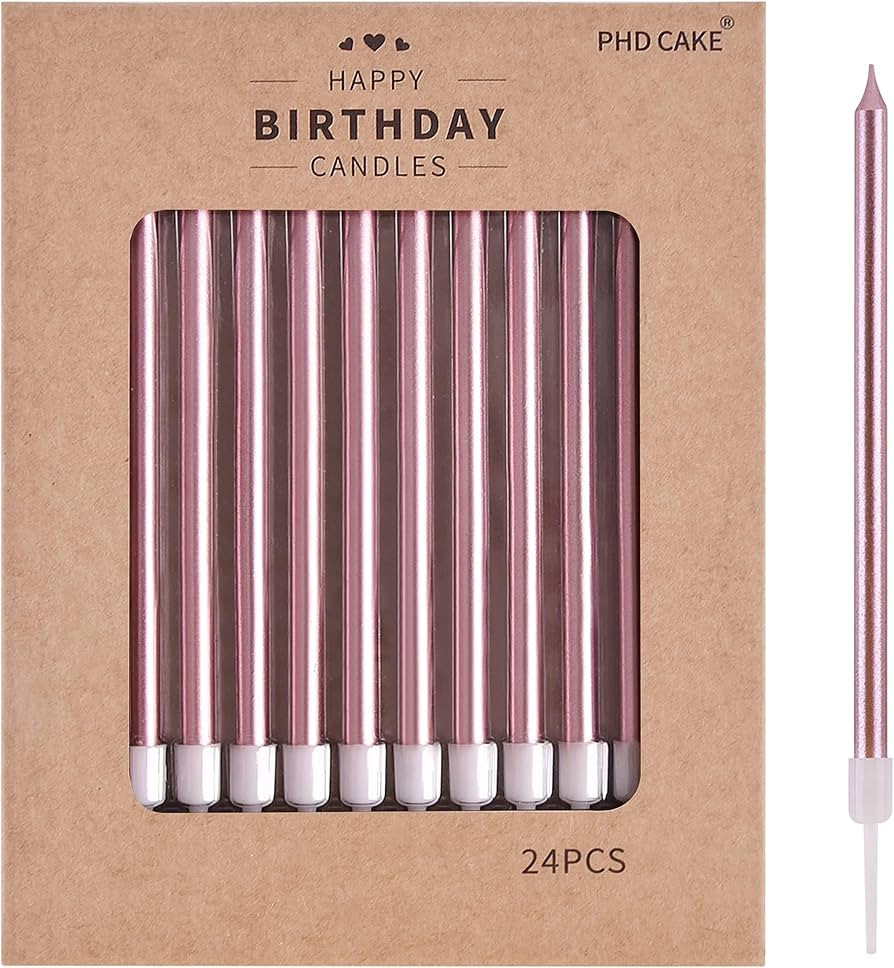 PHD CAKE Rose Gold Long Thin Metallic Birthday Candles, Cake Candles, Birthday Parties, Wedding D... | Amazon (US)
