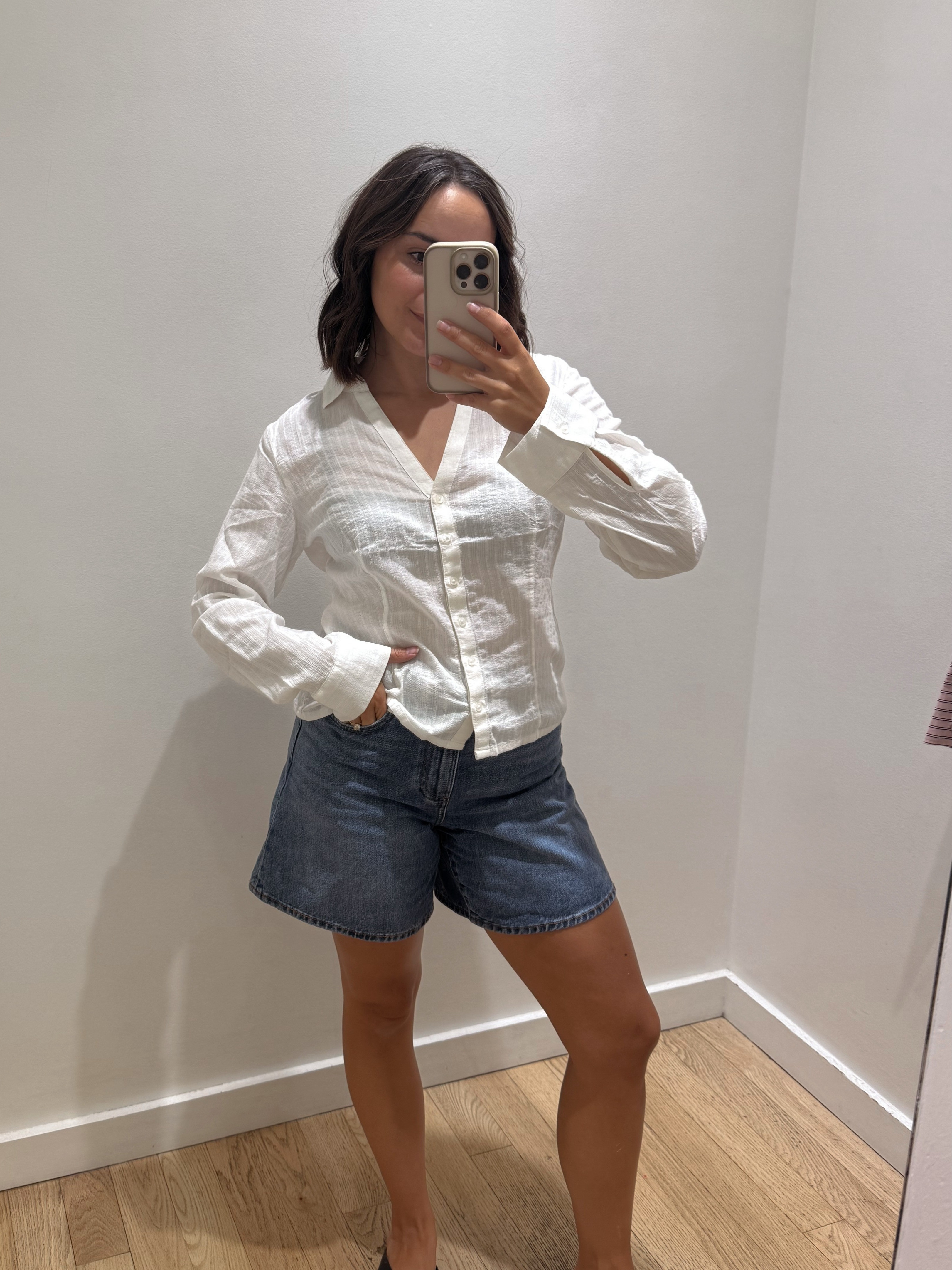 Obsessed with this white button-up shirt paired with baggy denim shorts.  

 #LTKcanada #LTKsummer #LTKstyletip