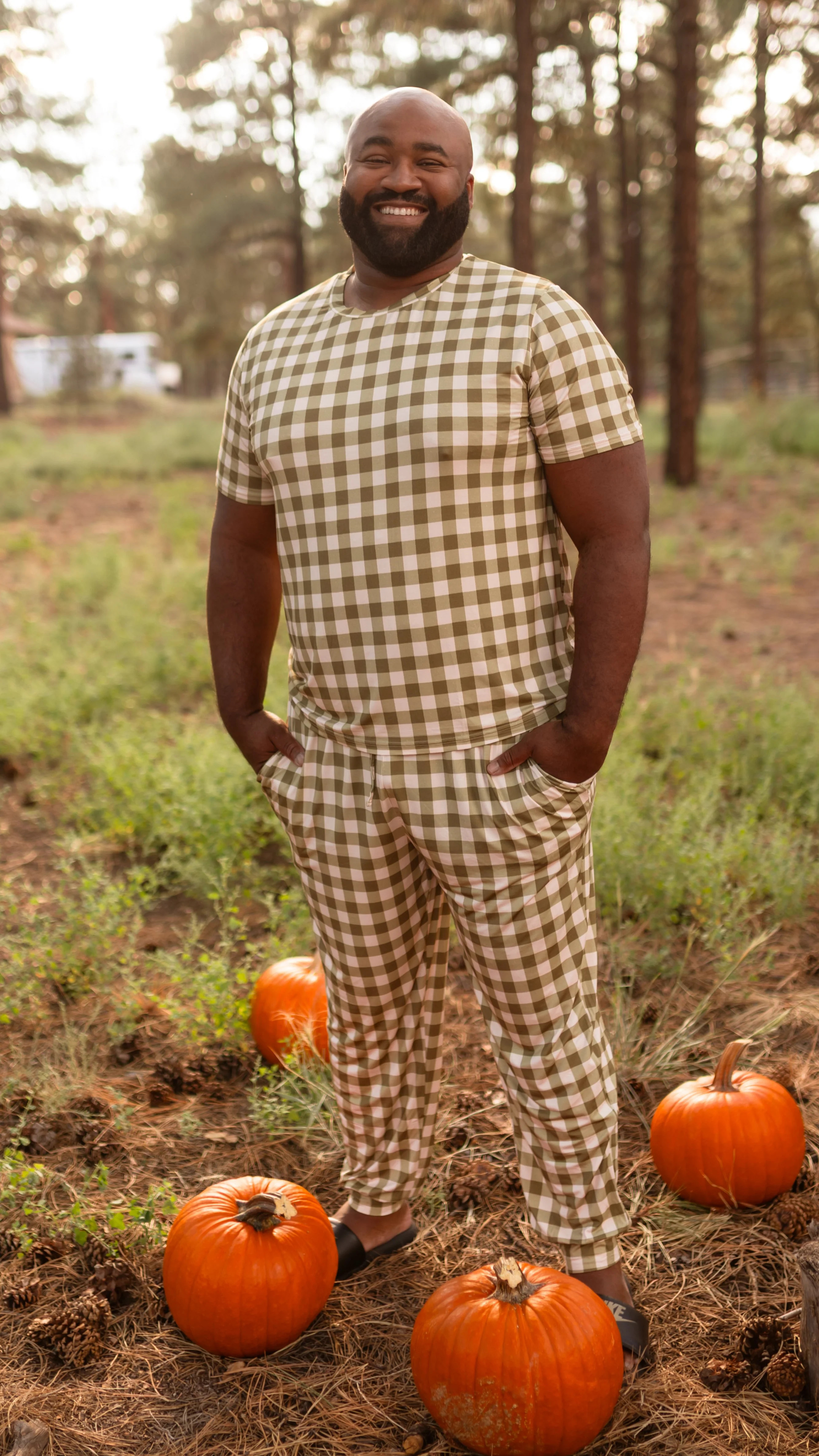 Adult Jogger Set In Green Gingham | Silks Design