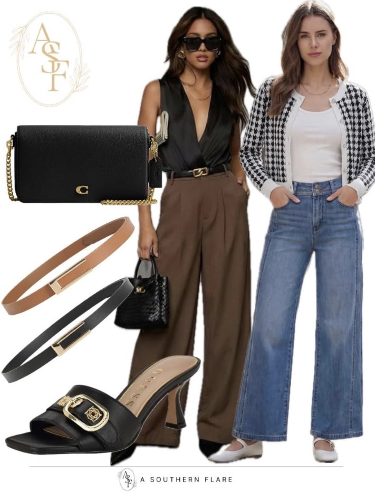 perfect work-to-weekend look, mix and match these trendy pieces. cardigan, belt set, jewelry, footwear