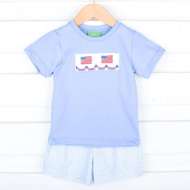 Dazzling Flag Smocked Blue Windowpane Short Set | Classic Whimsy