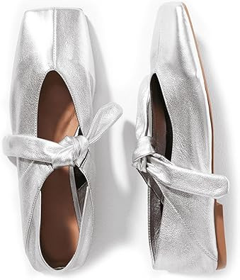 Yishaweiqi Bow Knot Ballet Flats Shoes for Women Bowtie Strap Ballerina Shoes Slip-on Square Toe ... | Amazon (US)