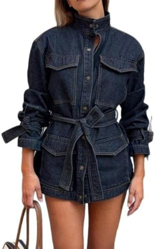 Wuitrie Denim Jacket for Women Button Long Sleeve Tie Streetwear Loose Casual Jean Jacket Fall Co... | Amazon (US)
