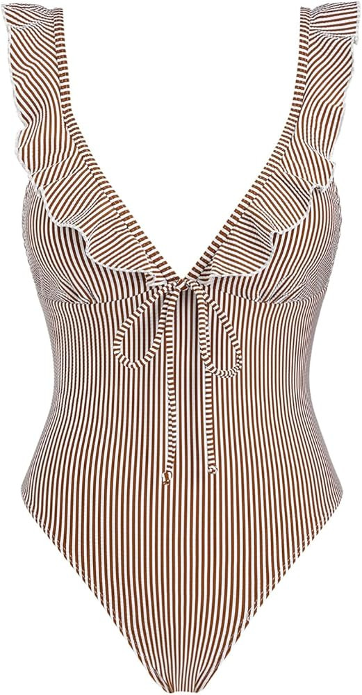 seamoly Vintage Striped Ruffles Trim Tied Plunging Neck One-Piece Swimsuit | Amazon (US)