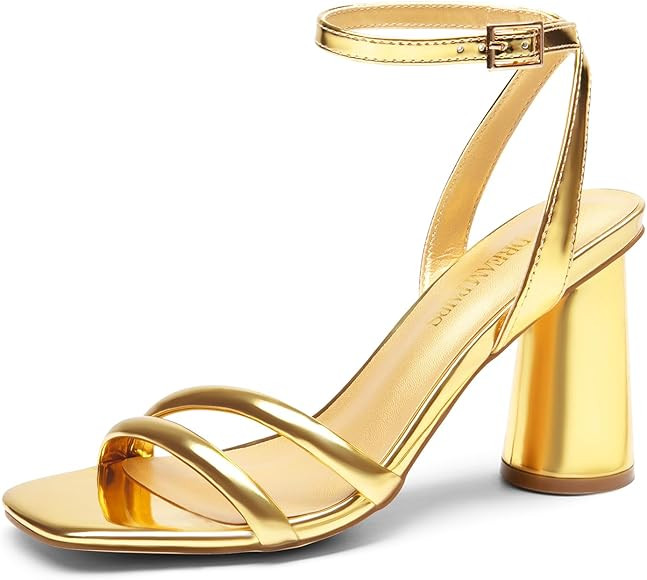 DREAM PAIRS Women's Strappy Round Heels Open Square Toe Ankle Strap Party Sandals Dress Shoes | Amazon (US)