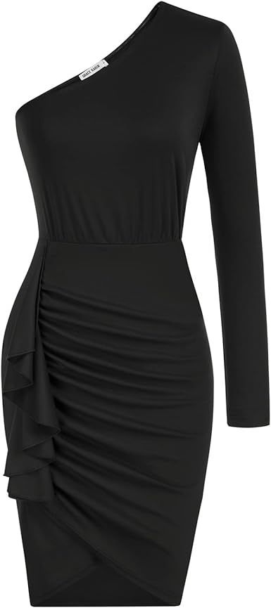 GRACE KARIN Sexy One Shoulder Ruched Bodycon Dresses Long Sleeve Ruffle Split Wrap Party Mini Dre... | Amazon (US)
