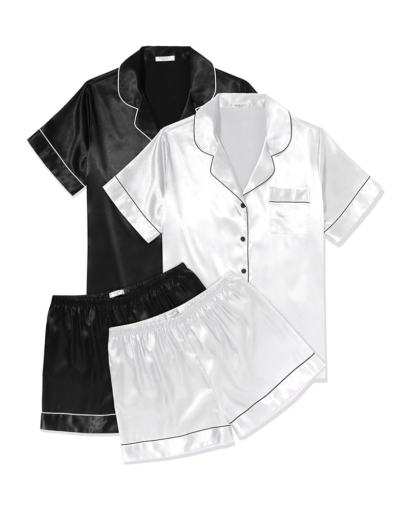 Ekouaer 2 Pack Pajama Sets for Women Silk Satin Pj Short Sleeve Button Down Sleepwear Top and Sho... | Amazon (US)