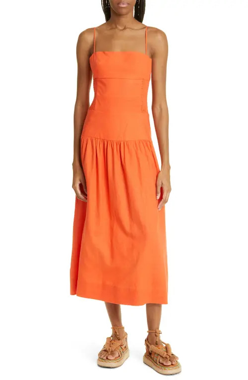 FARM Rio Side Smocked Linen Blend Midi Sundress in Orange at Nordstrom, Size Large | Nordstrom
