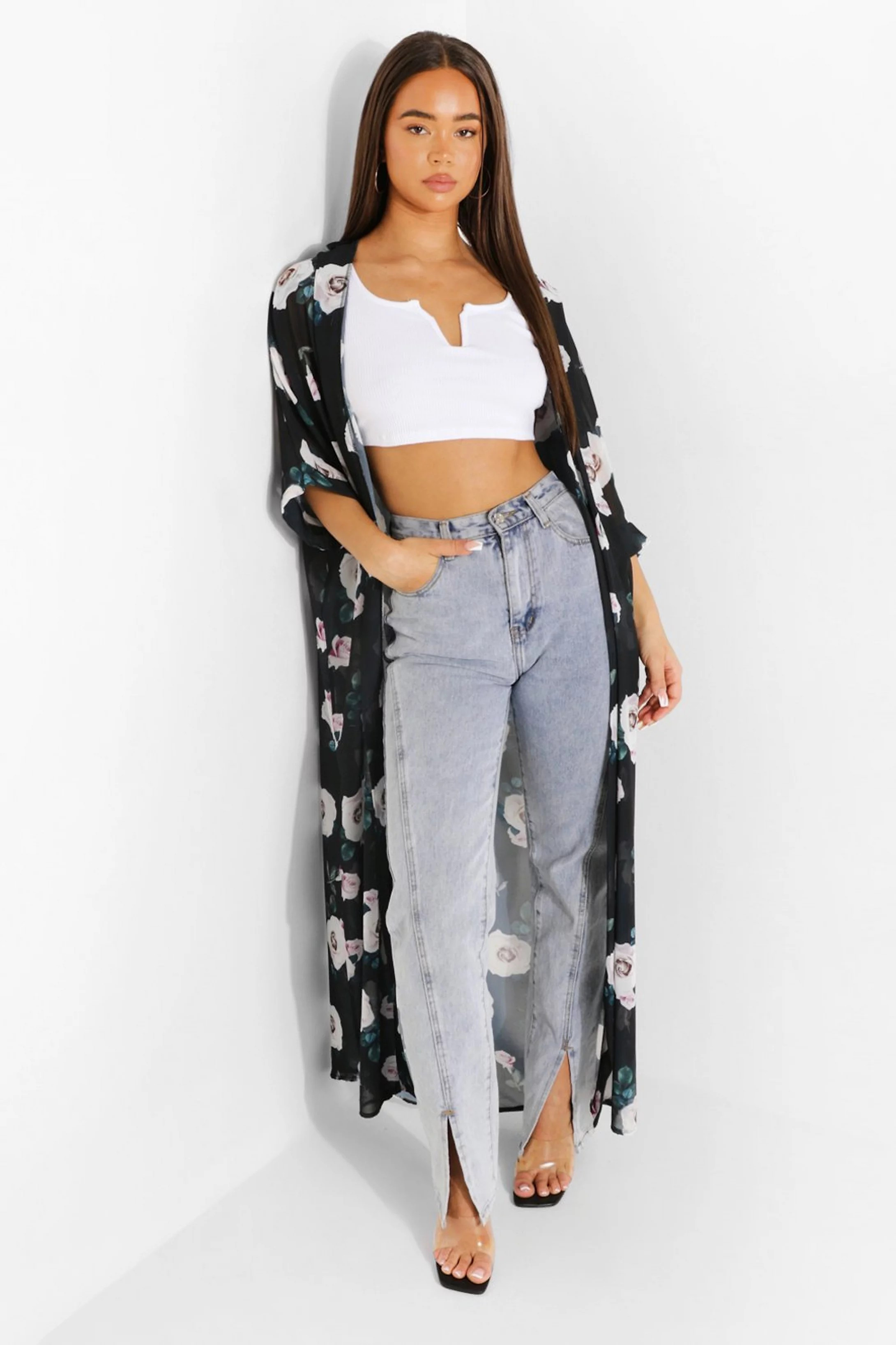 Rose Print Woven Maxi Kimono | Boohoo.com (US & CA)