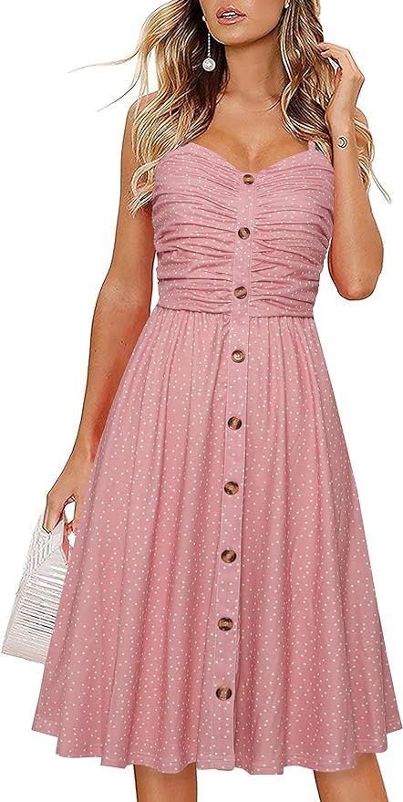 Drimmaks Women's Summer Casual Dress Florals Buttons Down Ruched Sweetheart Neck Sleeveless Midi ... | Amazon (US)