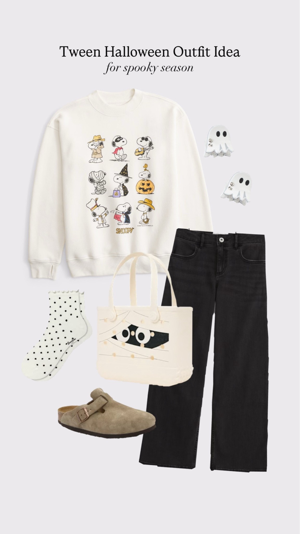 This tween Halloween outfit is so cute for spooky season 🎃 The Snoopy sweatshirt is the star, but I love it with black jeans, clogs, ghost clips + the Bitty Bogg Bag as a trick-or-treat bucket.

#LTKSeasonal #LTKKids