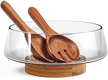 Extra Large Glass Salad Bowl Set - Party Salad Bowls with Acacia Wood Base and Serving Utensils -... | Amazon (US)