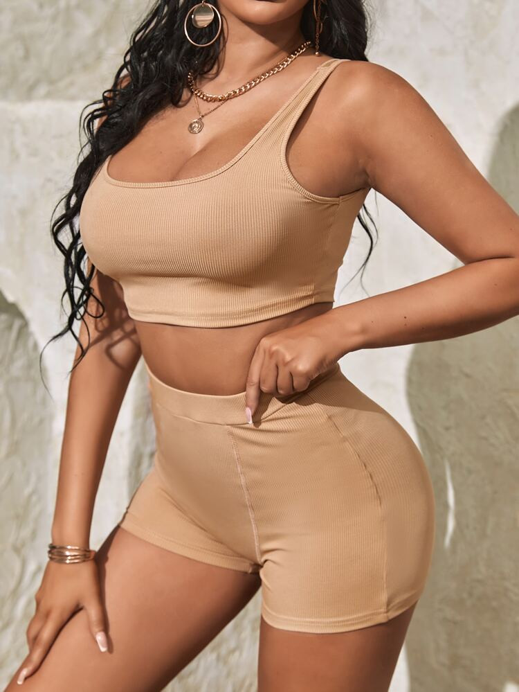 SHEIN SXY Ribbed Knit Tank Top & Biker Shorts | SHEIN