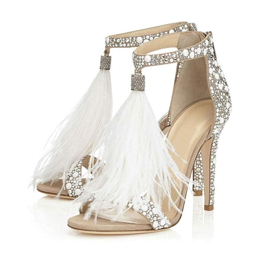 Women's Tassels Rhinestone Heeled Sandals Wedding Dress White Sandals Stiletto Heel Pearl | Amazon (US)