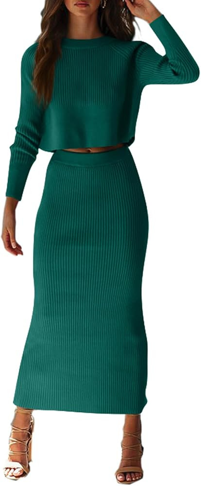 YKR Women's 2 Piece Sweater Dress Skirt Sets Rib Knit Maxi Bodycon Crop Top Winter Outfits for Wo... | Amazon (US)