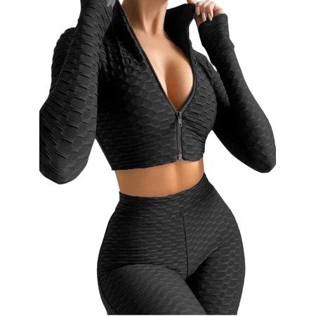 FOCUSNORM 2pcs Set Women Textured Workout Sets Long Sleeve Zip Up Crop Top + Honeycomb Ruched Butt L | Walmart (US)
