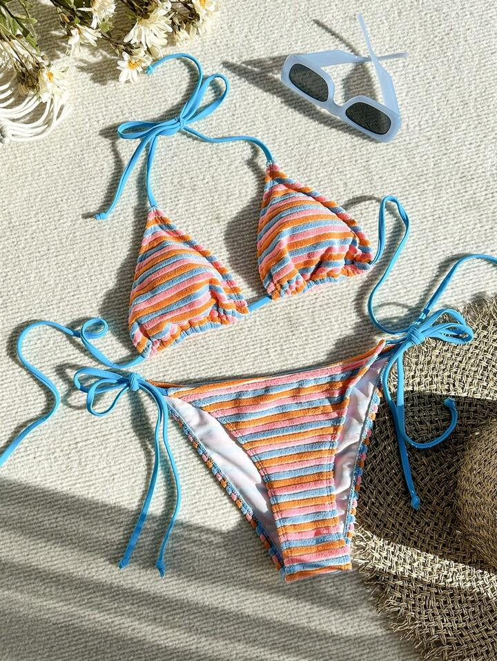 SHEIN X Hangout Fest SHEIN Swim Mod Summer Beach Striped Triangle Tie Side Bikini Set | SHEIN