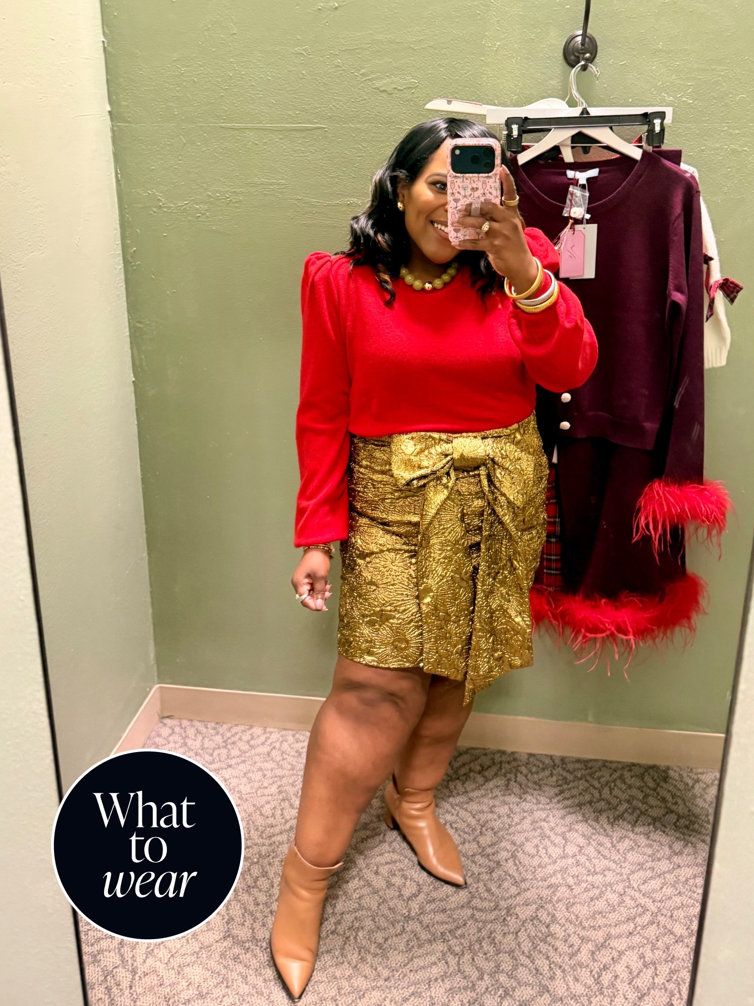 This gold mini skirt with the huge bow is so luxe and it’s from dillards! Perfect for a holiday Christmas party. I’m wearing the size xl. Wearing a large in the red sweater. 

#LTKMidsize #LTKGiftGuide #LTKHoliday